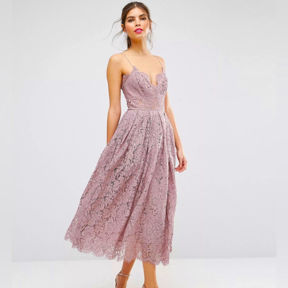 ASOS Lace Cami Midi Prom Dress. Sz 6, Lilac color. NWT